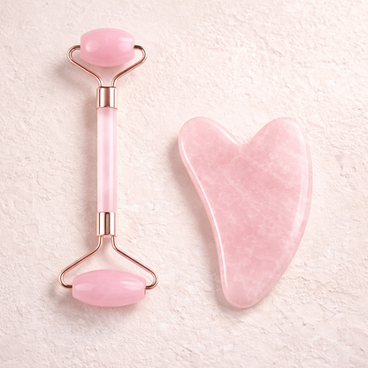 Gua Sha + Roller en Quartz rose