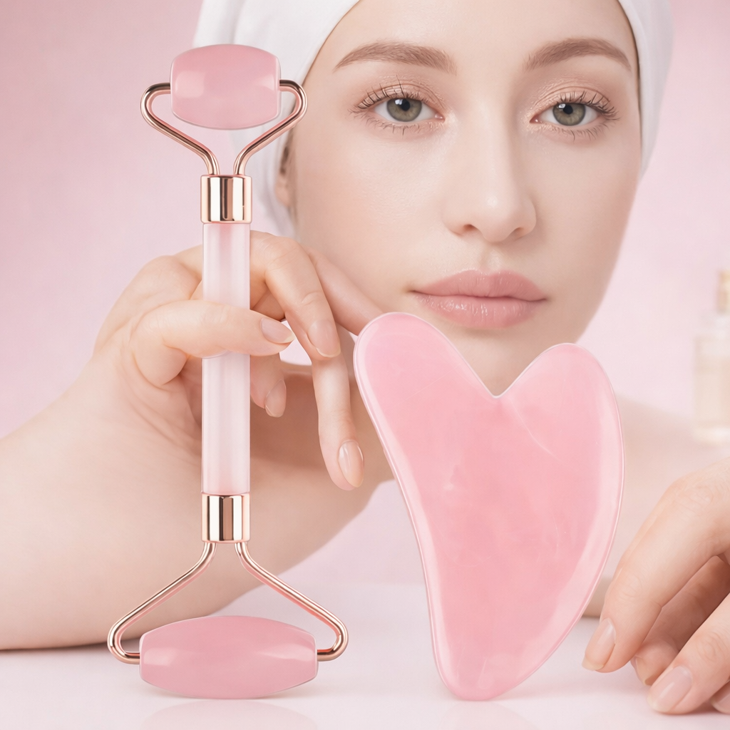 Gua Sha + Roller en Quartz rose
