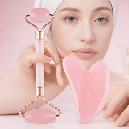 Gua Sha + Roller en Quartz rose